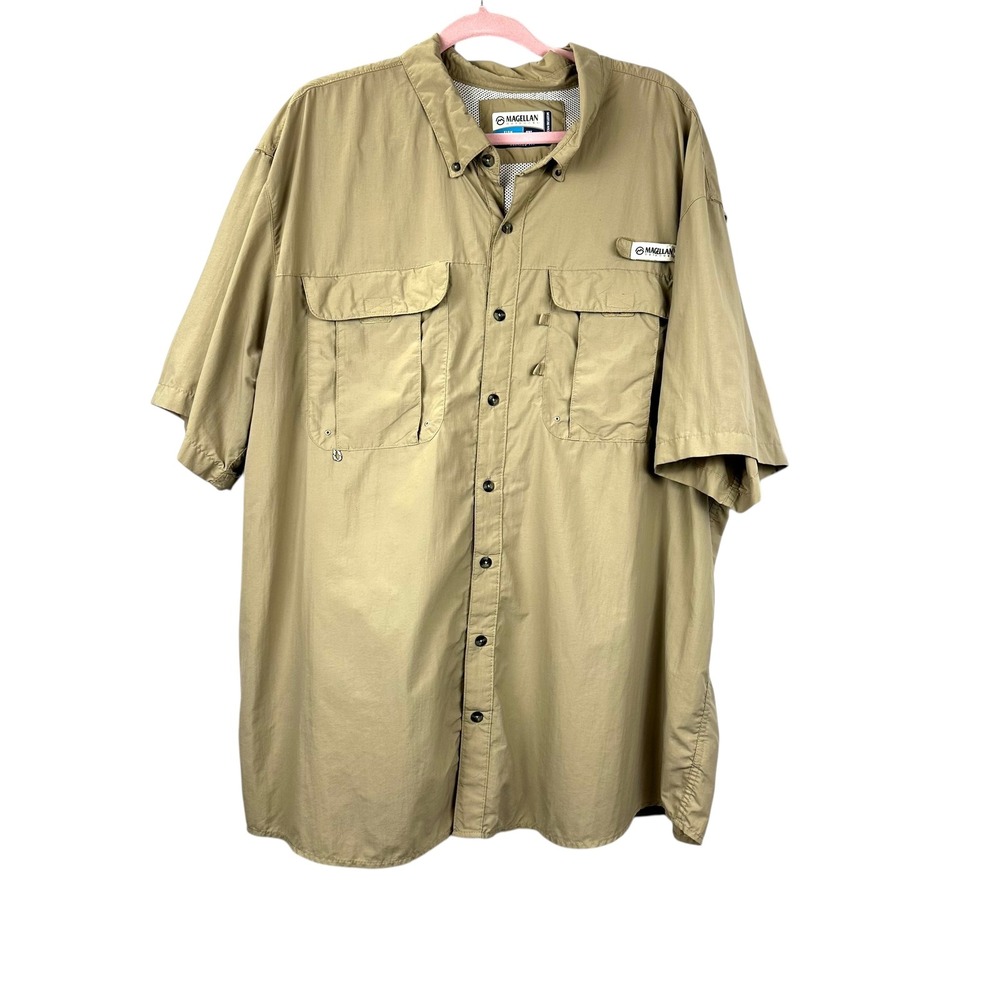 Magellan Outdoors Fish Gear Shirt Mens 2XL Tan Fishing Short Sleeve Hiking Trail